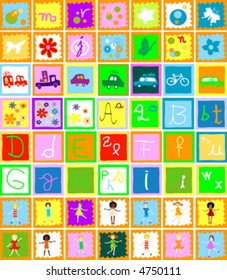 children playing, butterflies, flowers, cars and letters