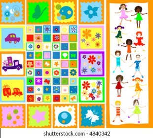 children playing, butterflies, flowers, cars and letters