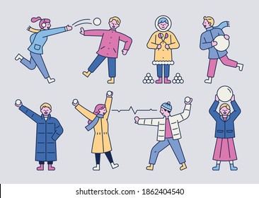 Children are playing by making balls out of snow. flat design style minimal vector illustration.