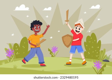 Children playing with cardboard swords. Vector concept Two little boys playing war games while holding swords