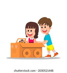 children playing with cars made of cardboard