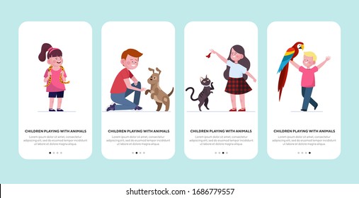 Children playing with cat and dog set. Kids holding their snake and parrot flat vector illustration. Pets, animal care, petting zoo concept for banner, website design or landing web page