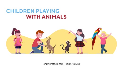 Children playing with cat and dog set. Kids holding their snake and parrot flat vector illustration. Pets, animal care, petting zoo concept for banner, website design or landing web page