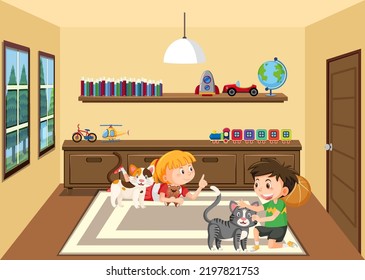 Children playing with cat illustration