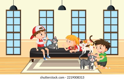 Children playing with cat illustration