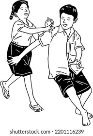 Children playing catch and run boy and girl Hand drawn line art illustration