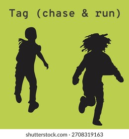 Kinder, die zusammen jagen, Vektor einzeln auf Hintergrund. Kinder, die Tag spielen (jagen und rennen) mit Freund . Silhouette, Vektorgrafik.	
