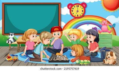 Children playing chess board in classroom illustration
