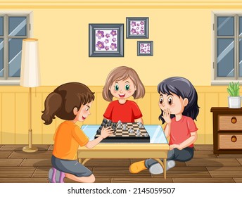 Children playing chess board at home illustration