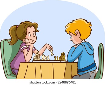 children playing chess cartoon vector