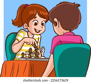 children playing chess cartoon vector