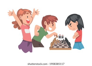 Children Playing Chess Game, Kids Competing in Club or Tournament, Leisure Activity, Logic Game for Brain Development Concept Cartoon Style Vector Illustration