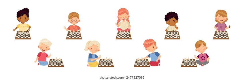 Children Playing Chess Game with Pieces Vector Set