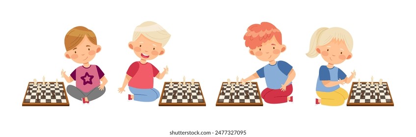 Children Playing Chess Game with Pieces Vector Set