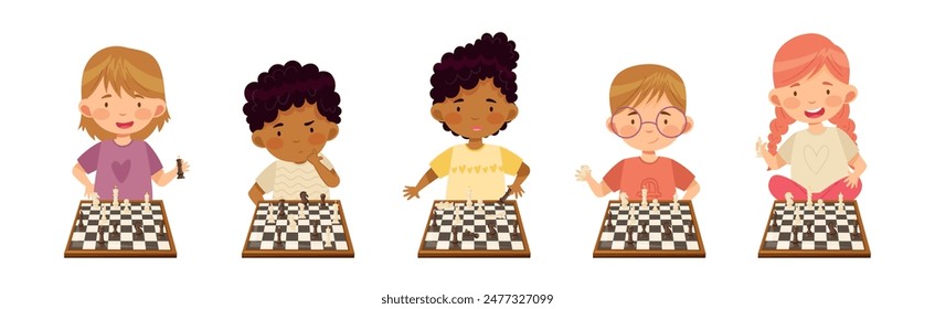 Children Playing Chess Game with Pieces Vector Set