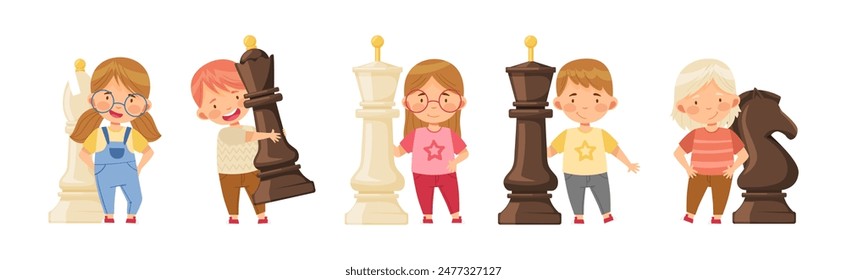 Children Playing Chess Game with Pieces Vector Set