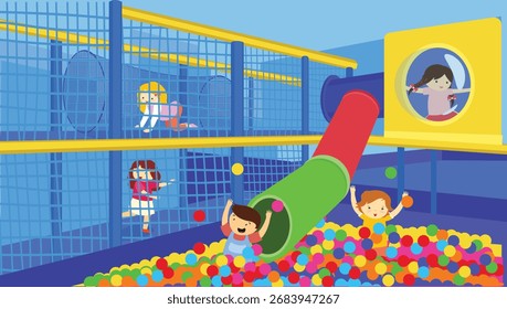 Niños jugando en el parque infantil. Ilustración vectorial en estilo de dibujos animados.