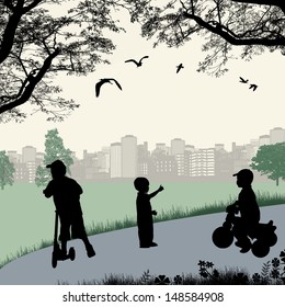 Children playing in a city park, vector illustration