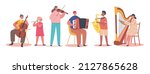 Children Playing Classic Instruments Cello, Flute, Violin, Accordion, Saxophone and Harp. Little Boys and Girls Artists Perform Classical Concert on Scene, Talented Kids. Cartoon Vector Illustration