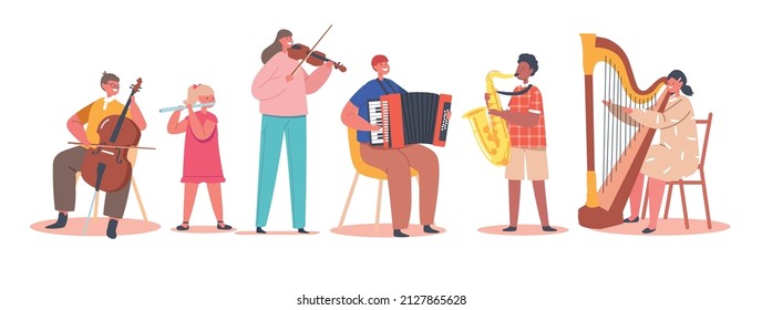 Children Playing Classic Instruments Cello, Flute, Violin, Accordion, Saxophone and Harp. Little Boys and Girls Artists Perform Classical Concert on Scene, Talented Kids. Cartoon Vector Illustration