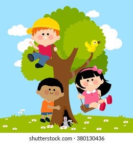 Children playing and climbing on a tree. A girl is playing on a tree swing. Vector illustration