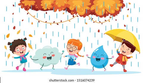 Children Playing With Cloud And Rain Drop Character Under The Rain In Autumn Season