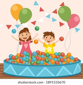 Children playing with colorful balls in a pit at a fairground or carnival with party balloons laughing and smiling, colored cartoon vector illustration