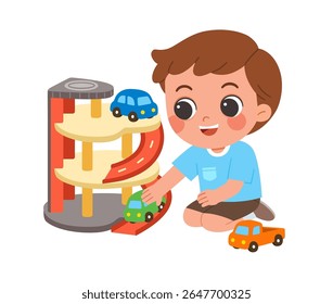 Children Playing Colorful Board Game Together. A cheerful boy in a blue shirt playing with a colorful toy garage and cars. Great for themes of childhood, creativity, and early learning.