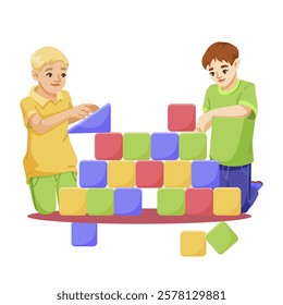 Children playing with colorful building blocks. Vector illustration