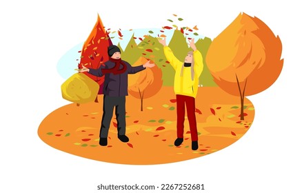 Children playing with colorful fallen leaves. Young boy and girl playing in forest between yellow red trees. Happy weekend. Outdoor activity in Autumn Park. Cartoon style drawing. Vector illustration