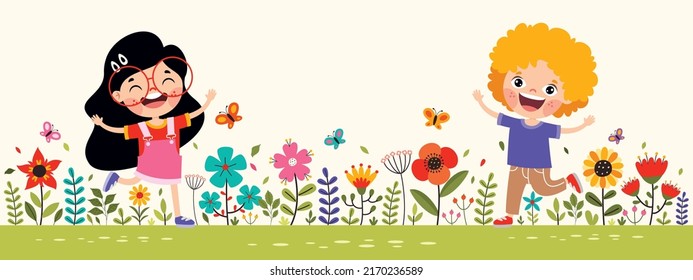 Children Playing In Colorful Flowers