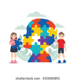 Children playing with colorful head shaped jigsaw puzzle.  World autism awareness day. Flat vector cartoon vector