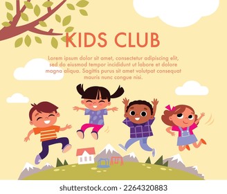 Children playing. Colorful children template with summer background. Happy kids jumping. Smiley faces. Cute little boys and girls have fun.