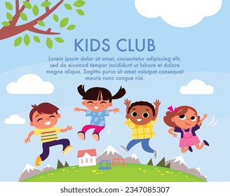 Children playing. Colourful children template with summer background. Happy kids jumping. Smiley faces. Cute little boys and girls have fun.