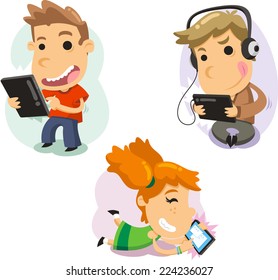 Children playing with computer tablets Technology, vector illustration cartoon.