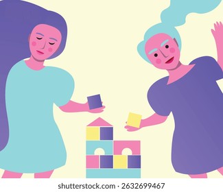 children playing with cubes and building a tower, flat vector stock illustration with baby girl