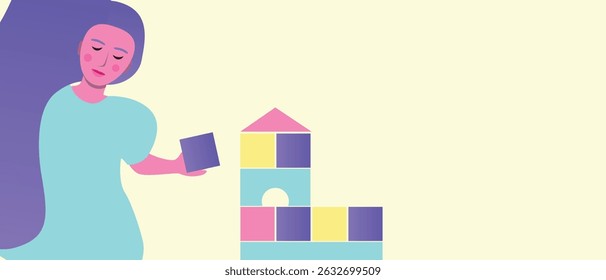 crianças brincando com cubos e construção de uma torre, ilustração de estoque vetor plana com menina como modelo de espaço de cópia