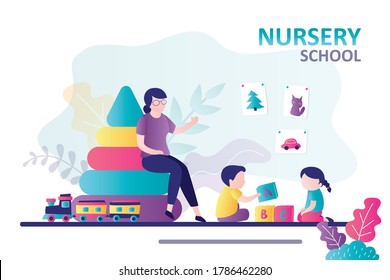 Children playing with cubes in nursery school. Female teacher with preschoolers. Playroom with different toys. Tutor communicates with kindergarten pupils. Daycare center concept. Vector illustration