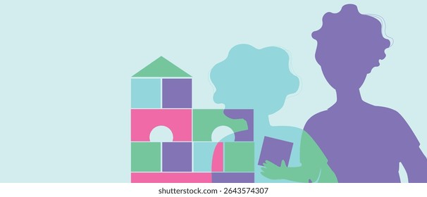 Children playing with cubes, silhouette vector stock illustration with kids as 
Authentic Family, copy space template