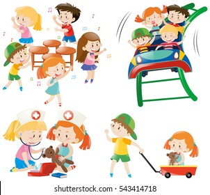 Children playing different games illustration