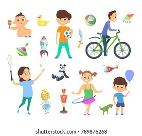 Children playing at different games and toys. Vector characters set in cartoon style. Child play with toys, character, girl and boy game illustration