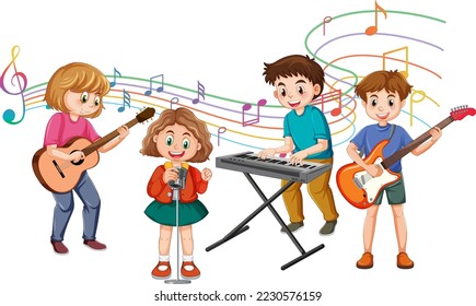 Children playing different musical instruments illustration