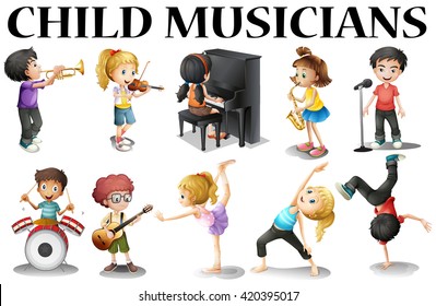 Children playing different musical instruments illustration