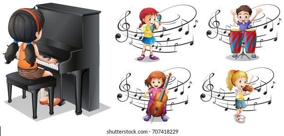 Children playing different musical instruments illustration