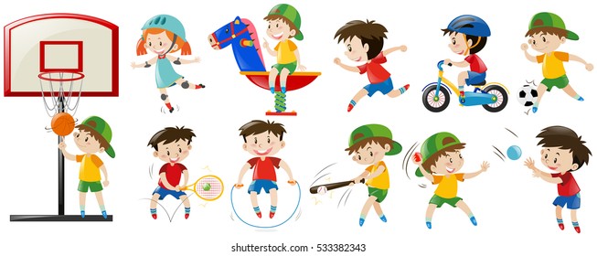 Children playing different sports and game illustration