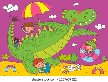 Children playing with dinosaurs reading