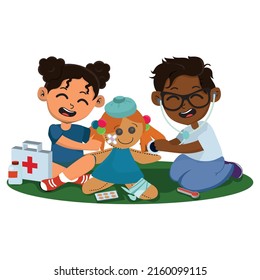 Children playing with doctor's kit. Boy and girl imagine they are doctors. Kids doing role play.