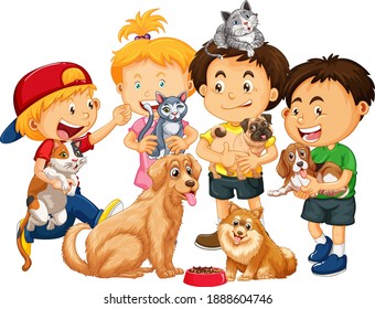 Children playing with dogs and cats isolated on white background illustration