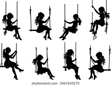 Children playing with dogs and swinging, The girl is swinging with a swing made of rope ‍Silhouette, Women swinging on the swing silhouettes set	
