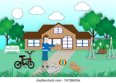 Children playing with dogs in the yard happy home - Vector Illustration